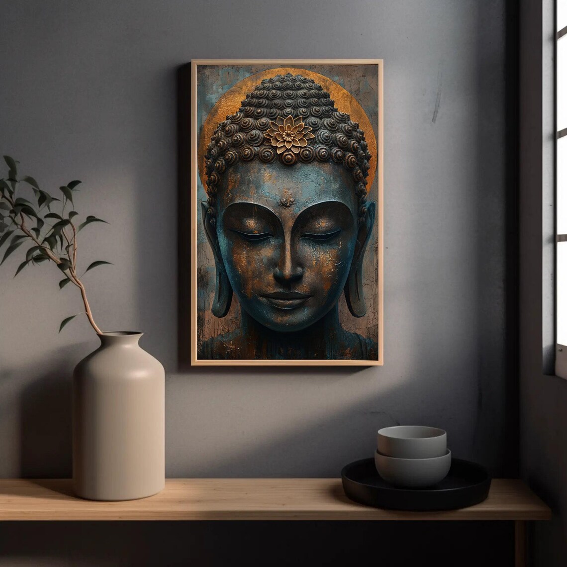 Bronze Buddha Head With Golden Halo Lotus Spiritual Wall Poster - Image 4