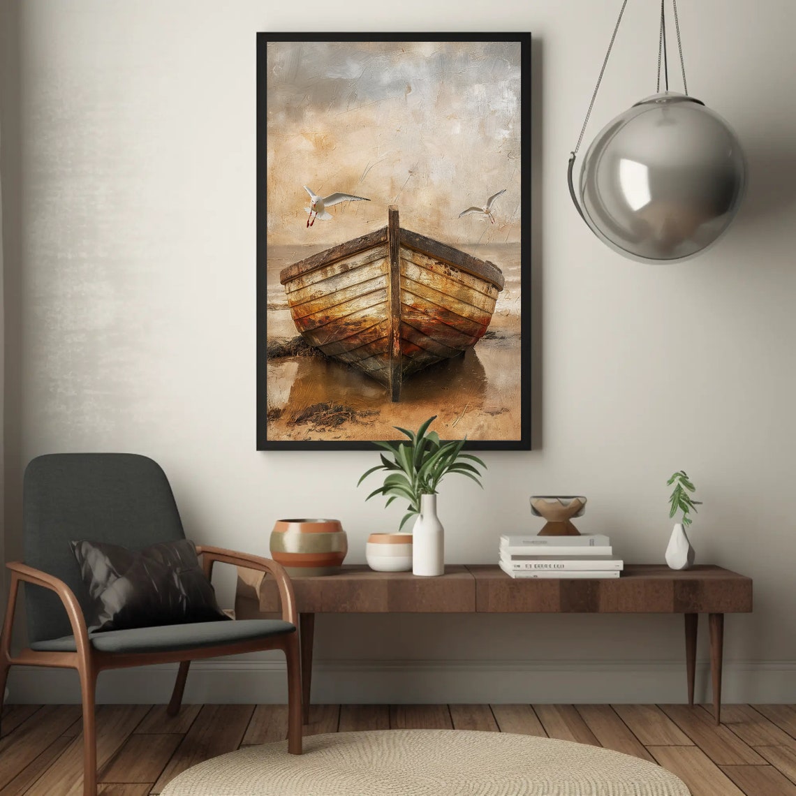 Weathered Wooden Rowboat on the Beach Seagulls Coastal Art Poster - Image 4