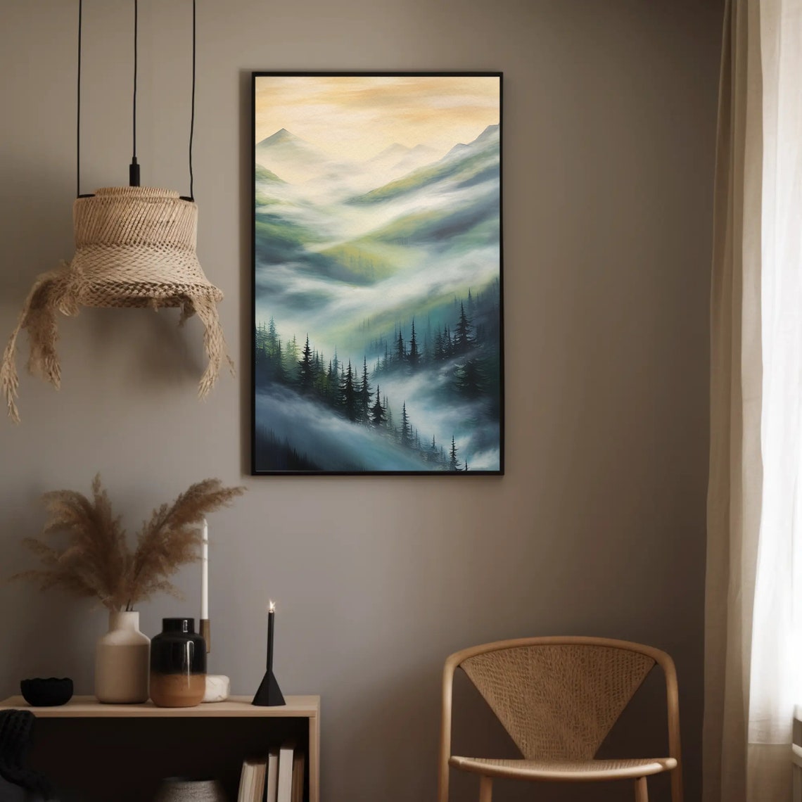 Foggy Mountain Forest Trees Abstract Wall Art Foggy Nature Print Modern Living Room Decor Framed - Image 2