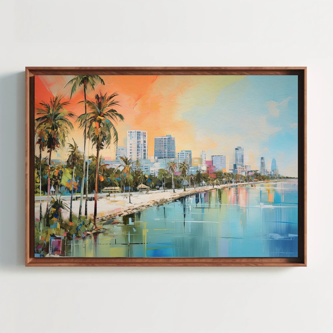 Tropical Beachfront City Skyline at Sunset Colorful Painting Poster