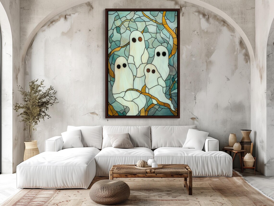 Four Cute Ghosts Teal Stained Glass Whimsical Halloween Poster - Image 5