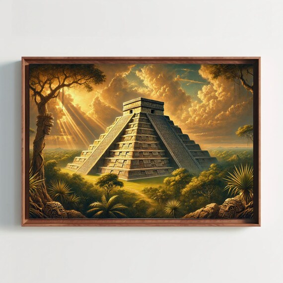 Ancient Mayan Pyramid At Golden Sunset Jungle Painting Poster