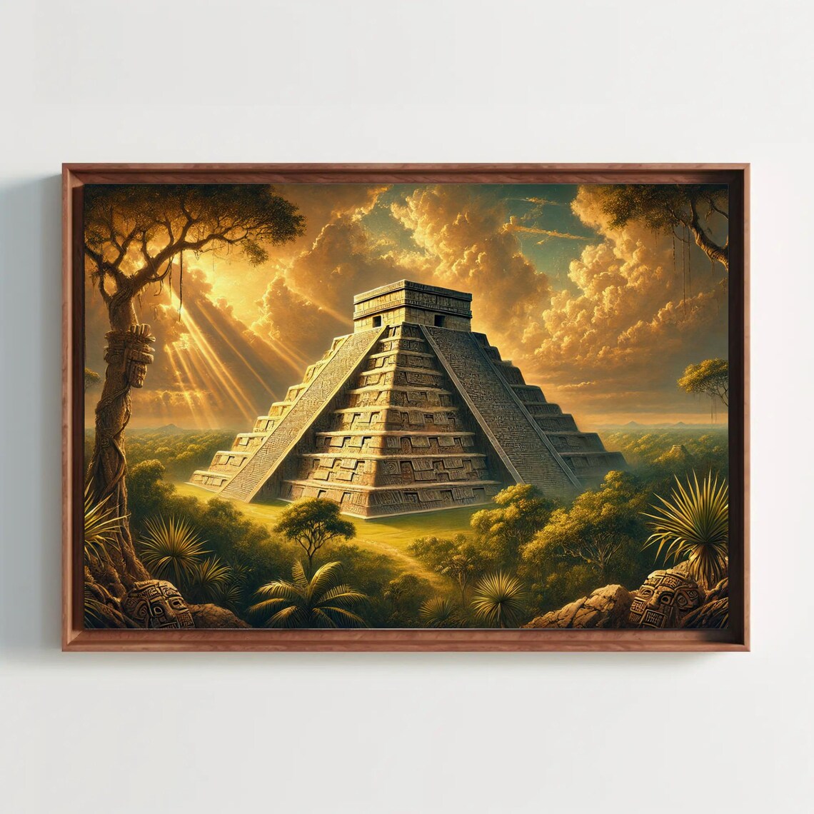 Ancient Mayan Pyramid At Golden Sunset Jungle Painting Poster