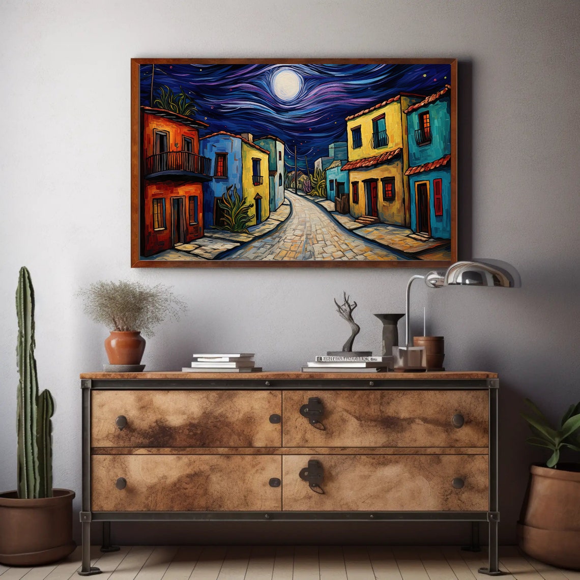Van Gogh Style Mexican Street at Night with Radiant Full Moon Poster - Image 2