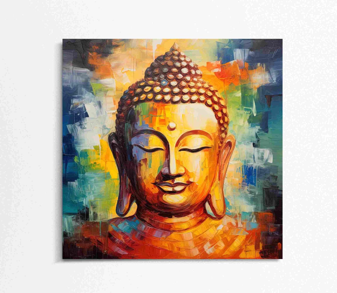 Buddha Face in Vibrant Impasto Gold Blue Oil Painting Poster - Image 4