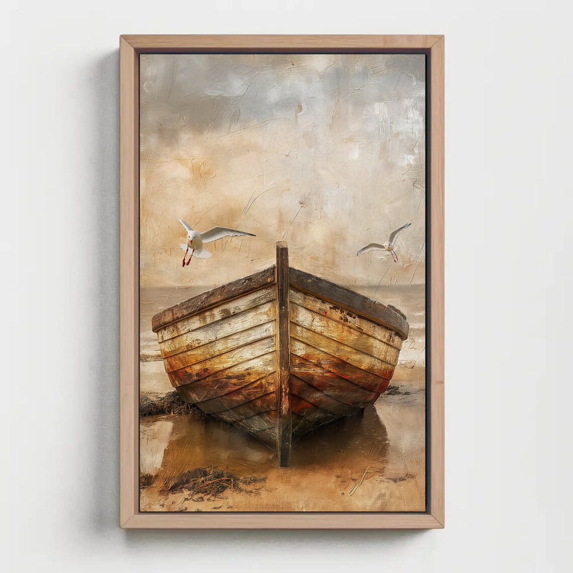 Weathered Wooden Rowboat on the Beach Seagulls Coastal Art Poster