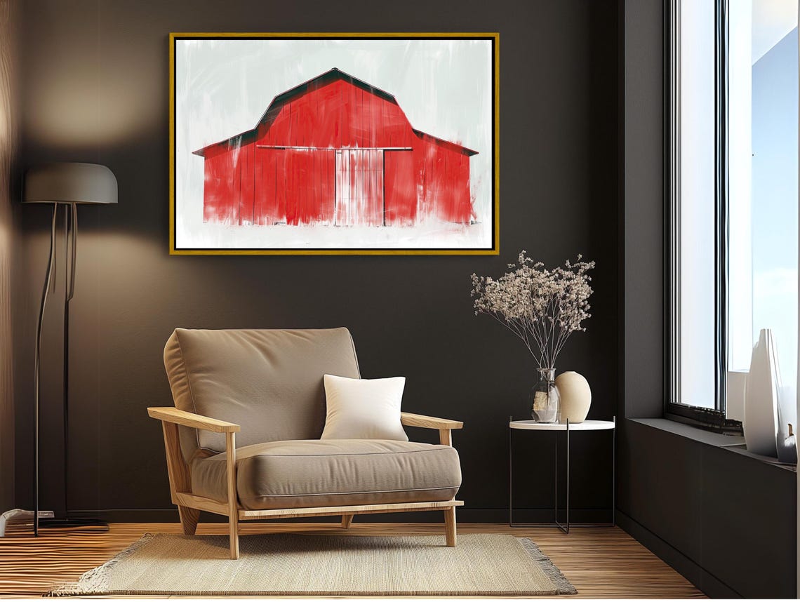Bold Red Barn In Loose Abstract Brushwork Modern Farmhouse Poster - Image 3