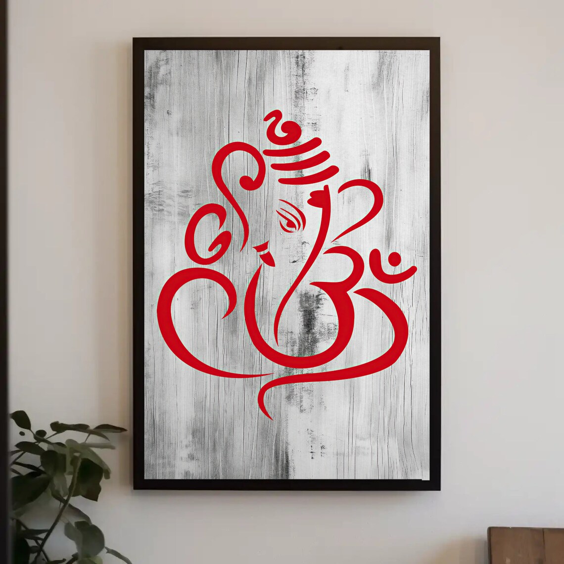 Red Lord Ganesha Line Art Minimalist Hindu Deity On Wood Poster