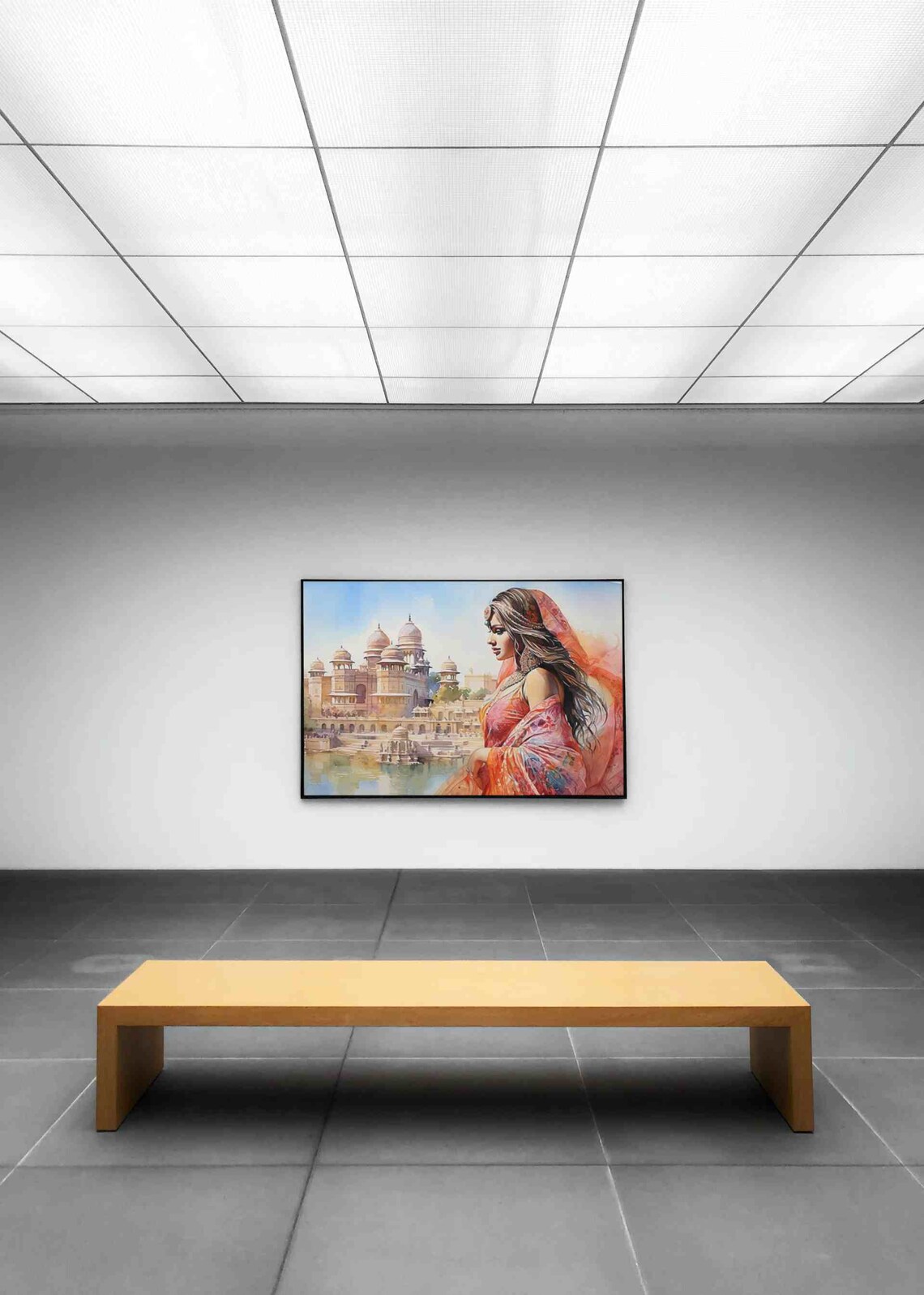 Indian Beauty by Palace Lake in Flowing Sari Watercolor Poster - Image 4