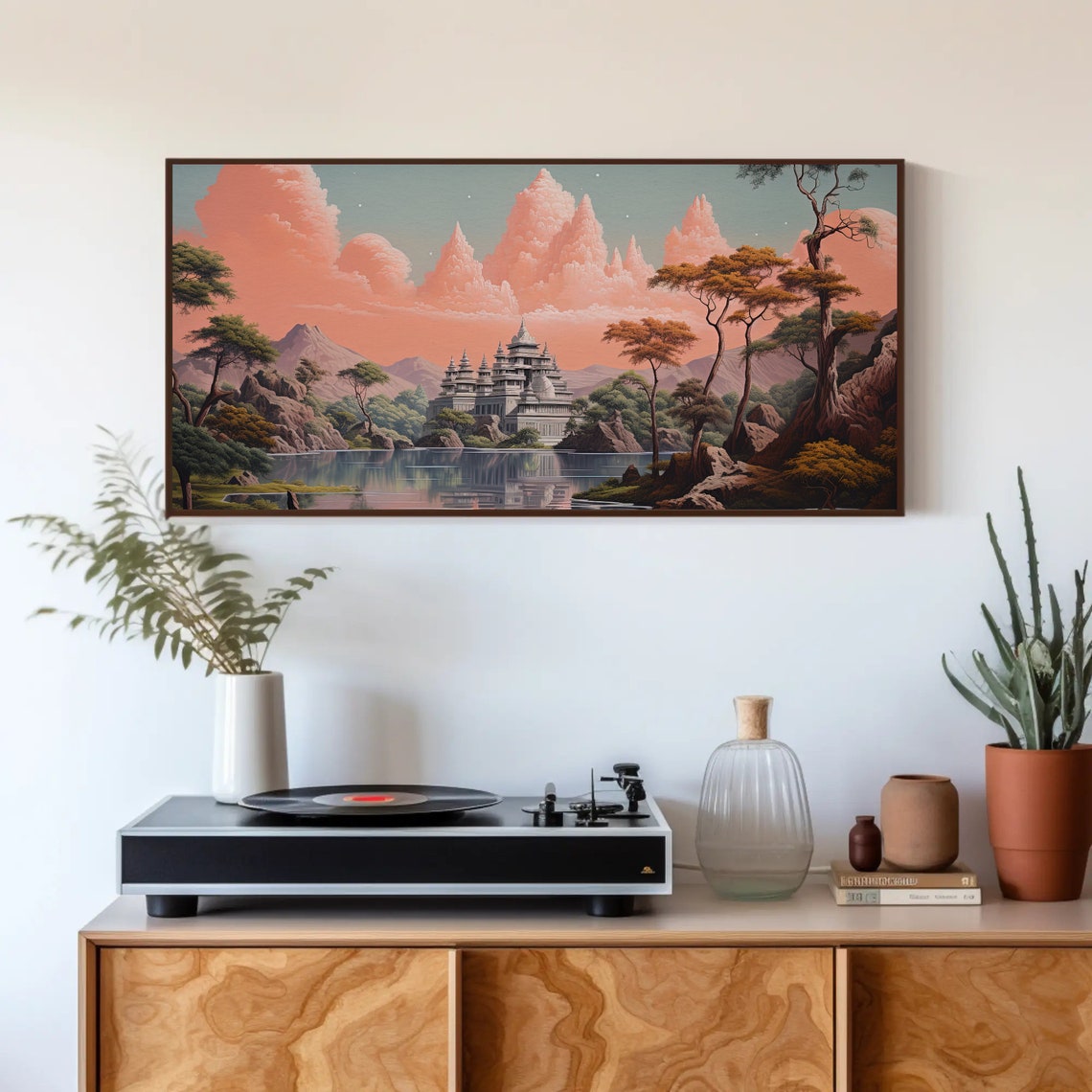Indian Temple Fantasy Landscape Pink Sunset Lake Reflection Poster - Image 3