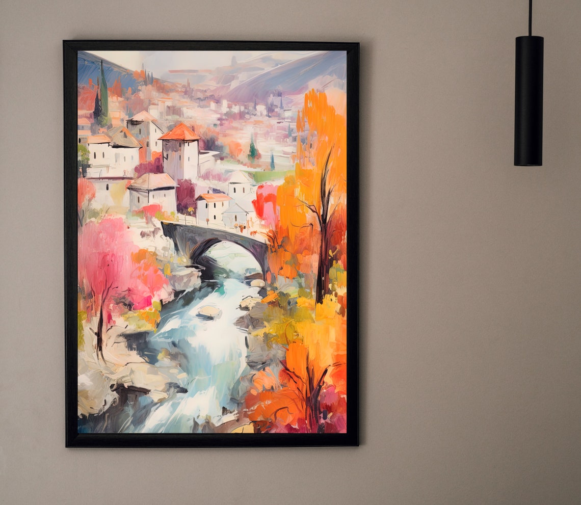 Mostar Bosnia Old Bridge Autumn River Landscape Scene Poster - Image 4