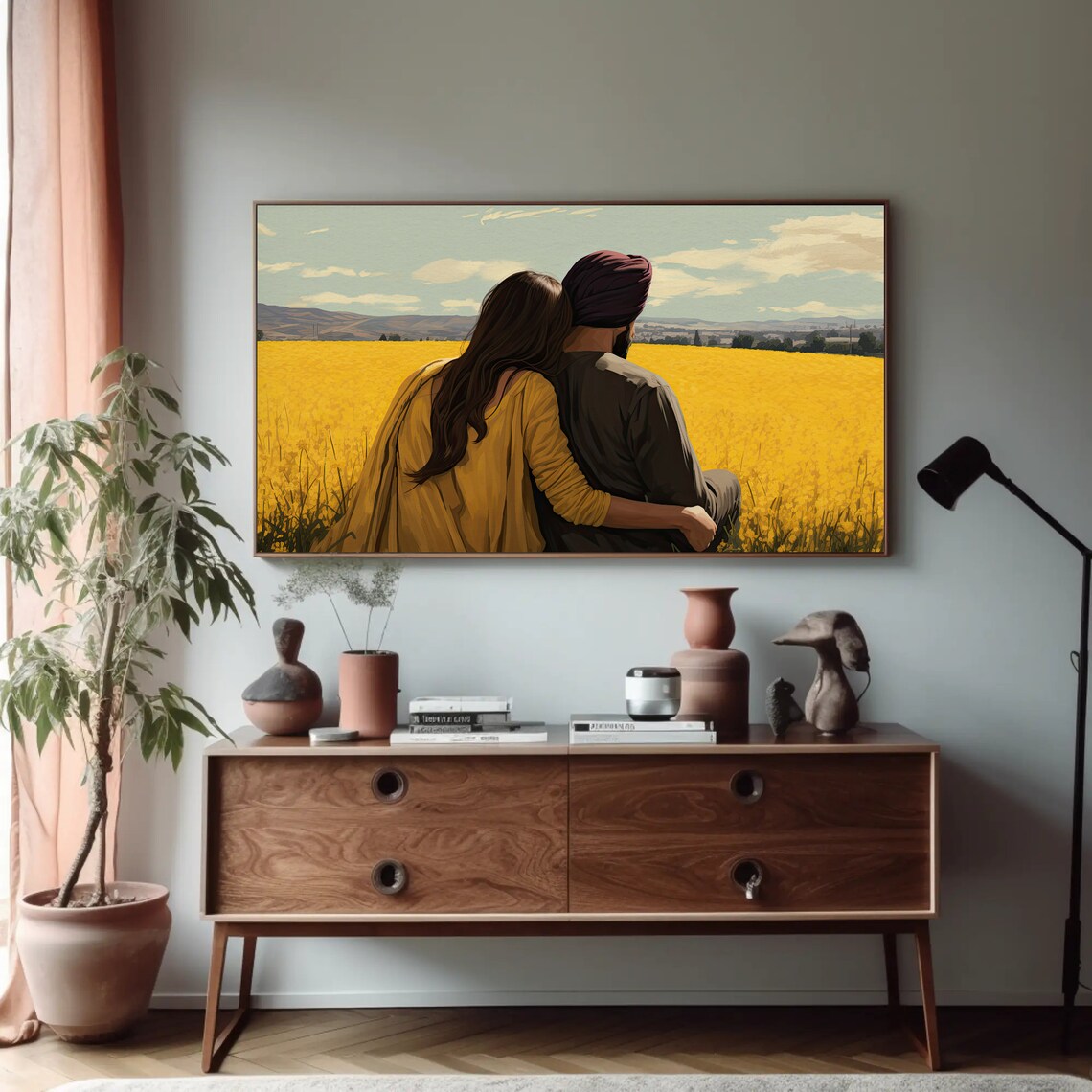 Punjabi Sikh Couple at Sarso Farm Yellow Mustard Field Art Print - Image 3