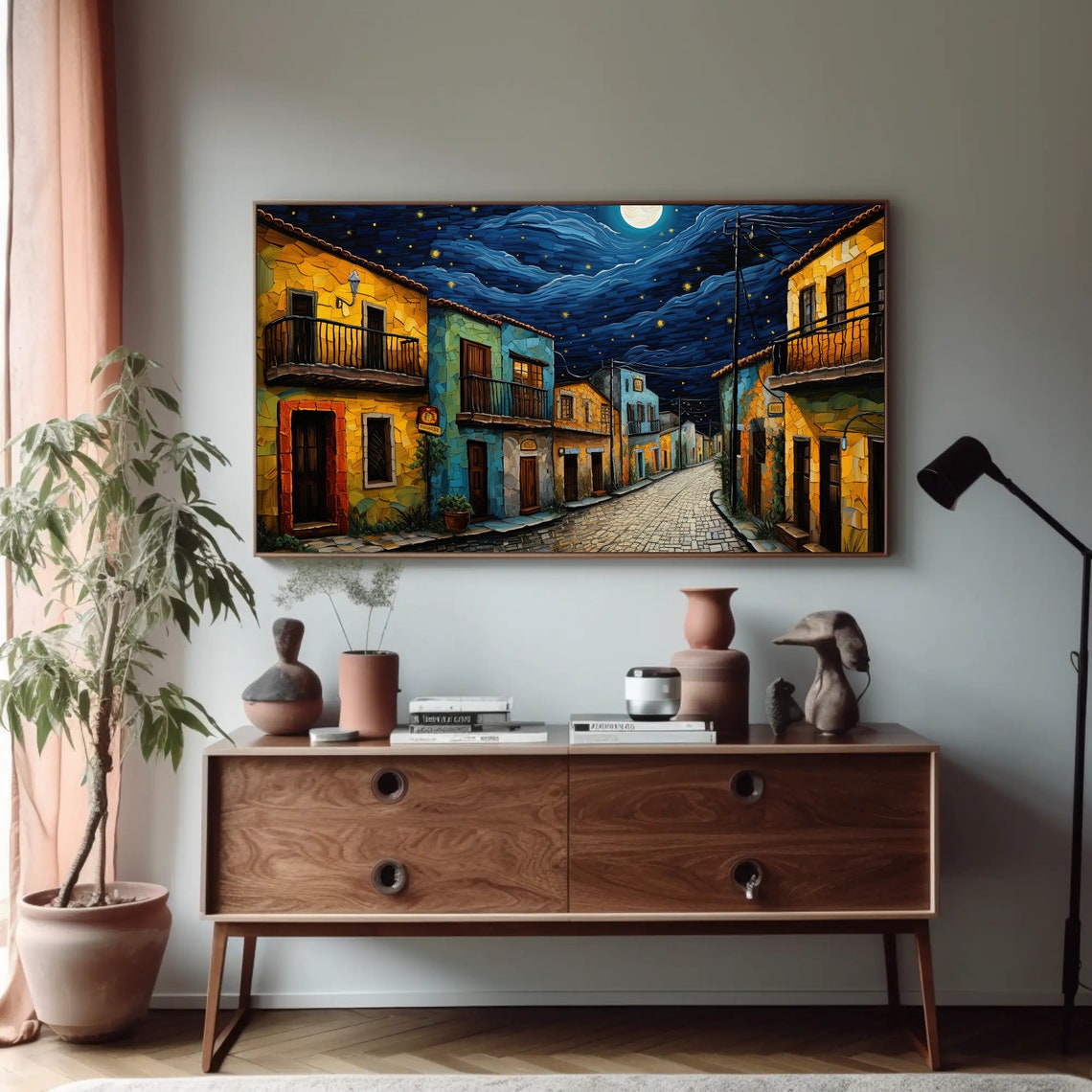 Mexican Street Under Moonlight with Swirling Starry Sky Poster - Image 3