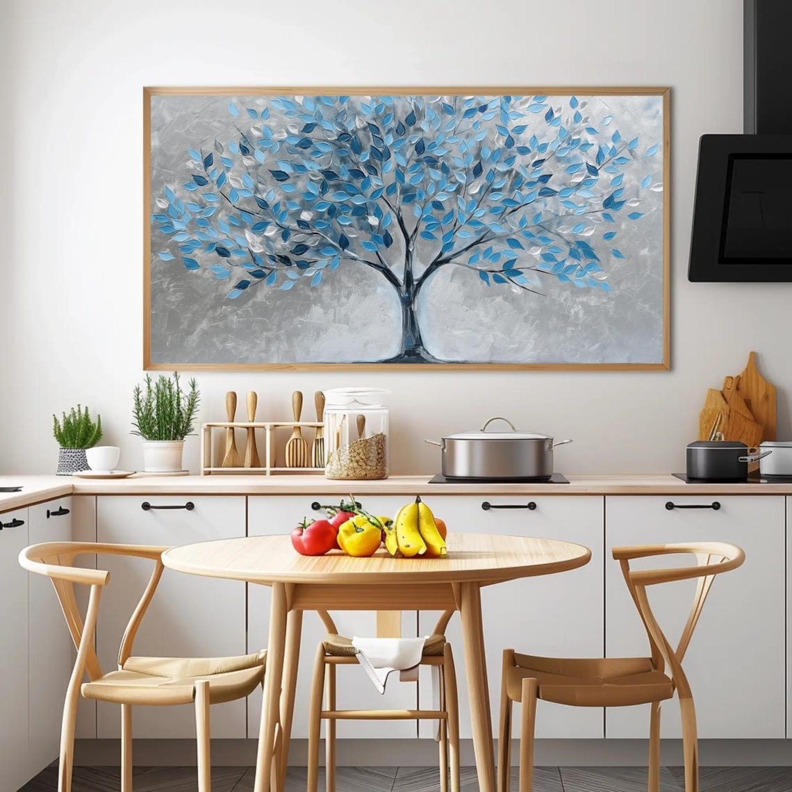 Blue Tree of Life Shimmering Leaves Silver Background Panoramic Poster - Image 4