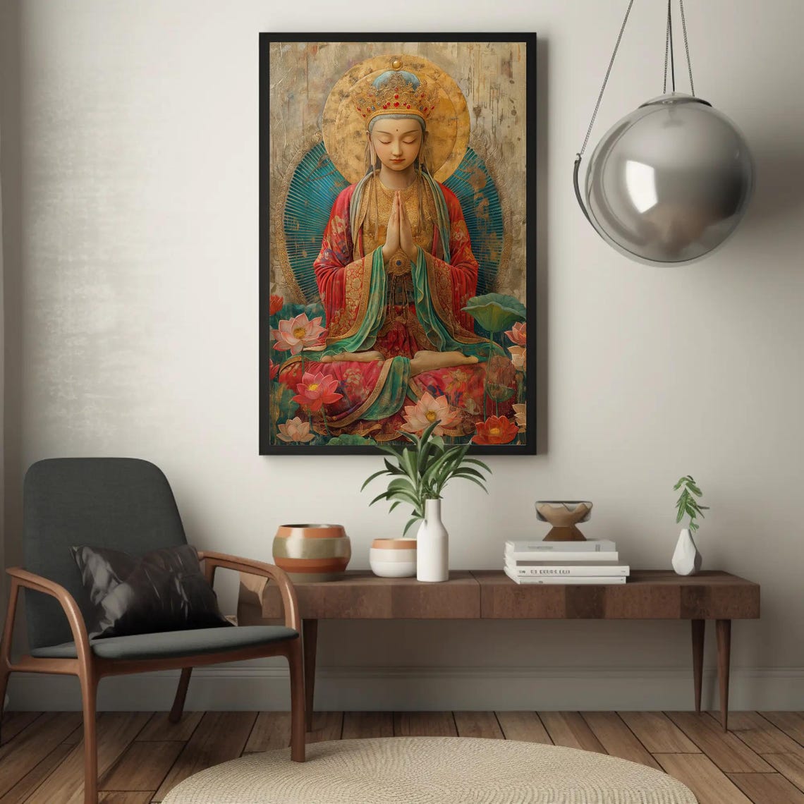 Tara Buddhist Goddess In Prayer Surrounded By Lotus Blooms Poster - Image 4