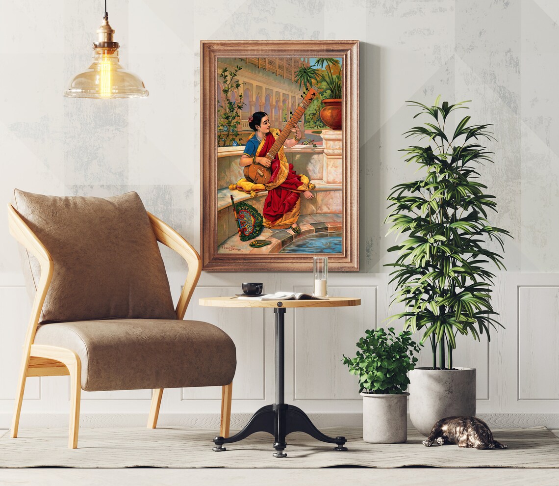 Indian Woman Playing Sitar, Vintage Indian Art Print - Image 3