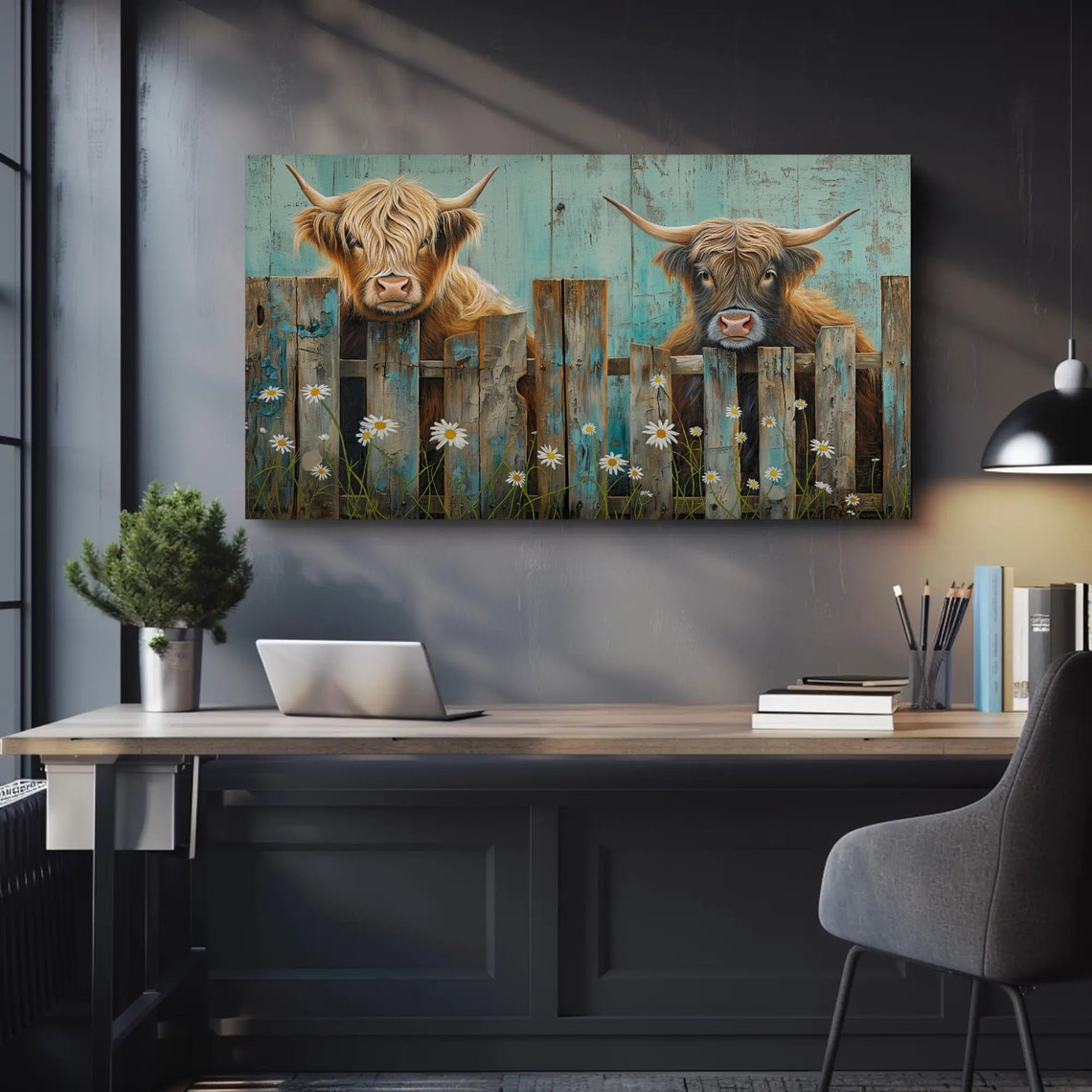 Two Shaggy Highland Cows Peeking Over a Fence With Daisies Poster - Image 2
