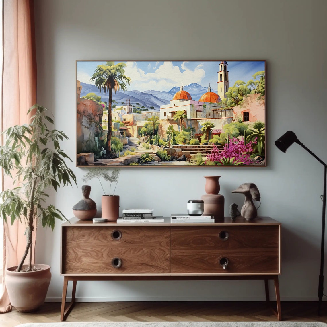 Mexican Colonial Town Orange Domes Bell Tower Garden Scene Poster - Image 3