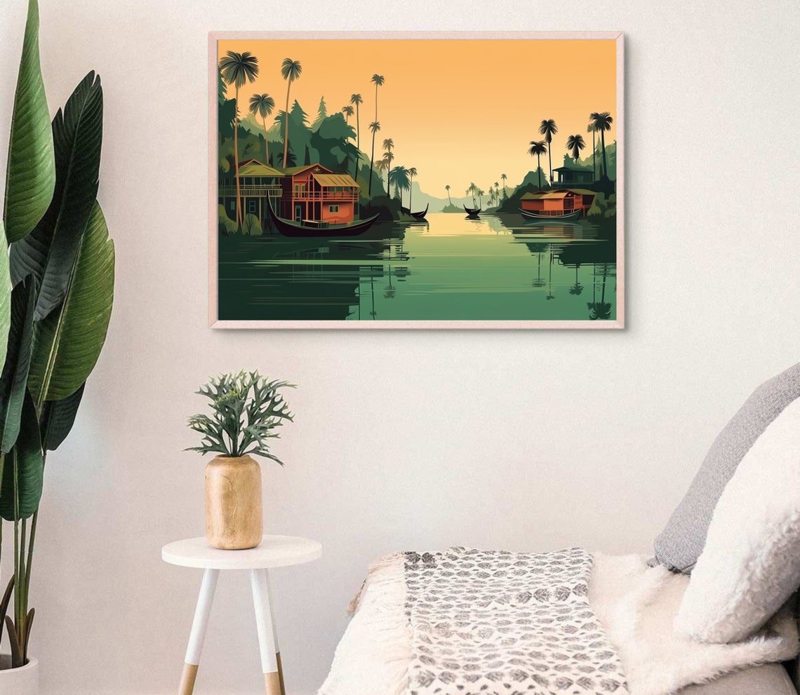 Kerala Backwaters Sunset Houseboats Palm Silhouettes India Art Poster - Image 3