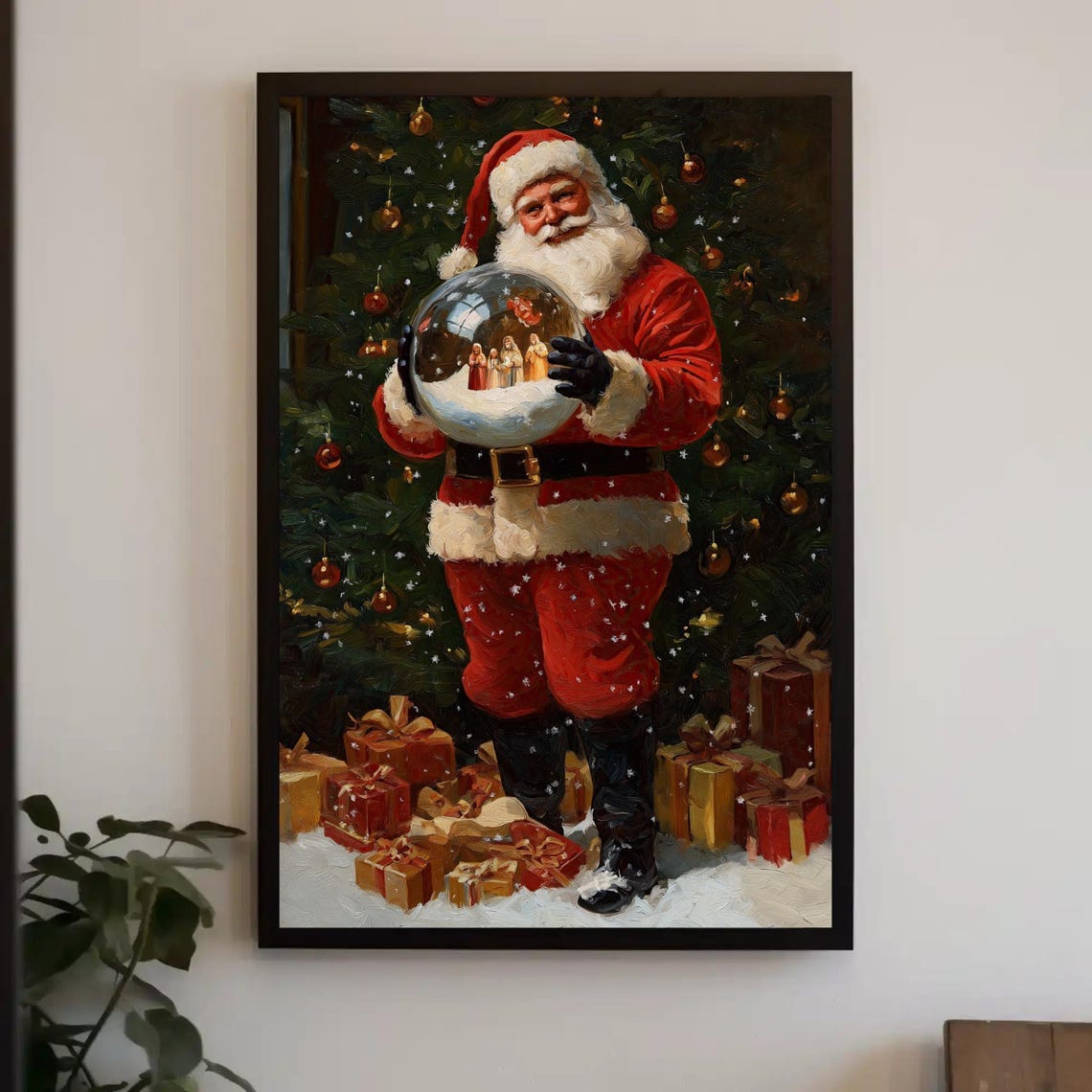 Santa Claus Holding A Snow Globe By The Christmas Tree Poster