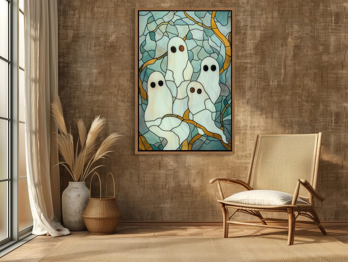 Four Cute Ghosts Teal Stained Glass Whimsical Halloween Poster - Image 3