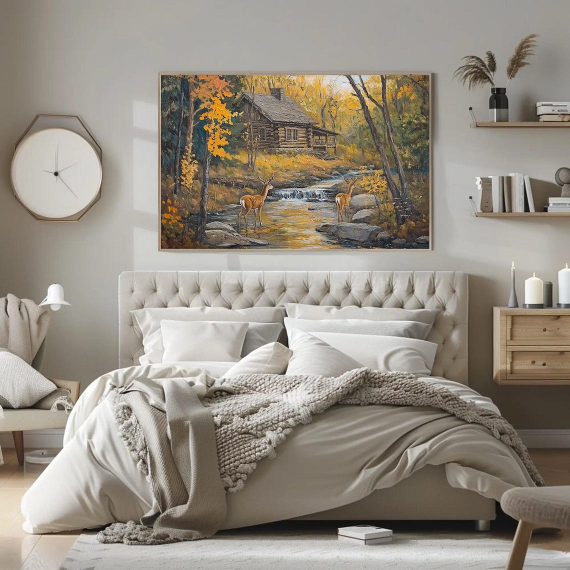 Rustic Log Cabin In Autumn Forest With Two Deer By Stream Poster - Image 2