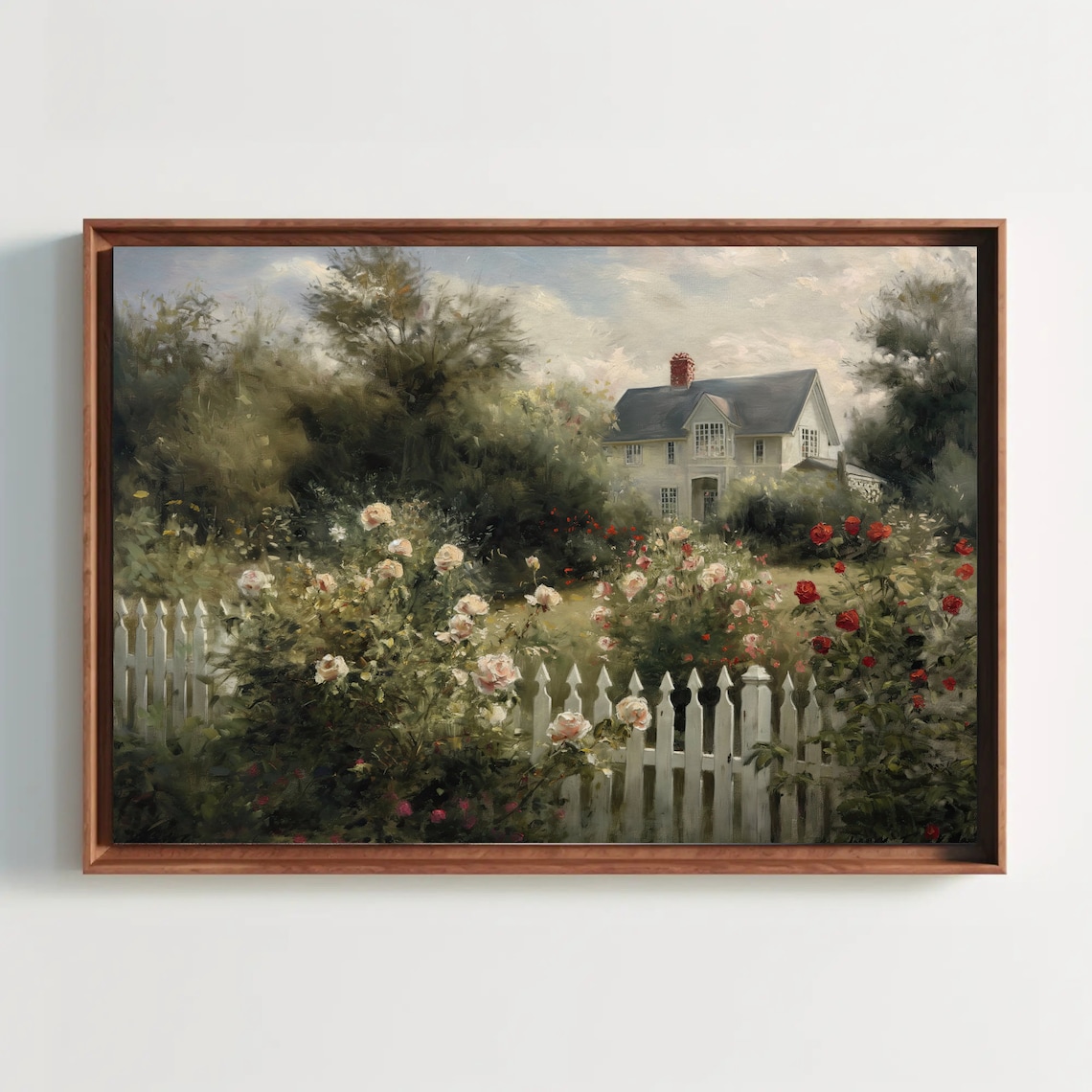 Farmhouse With Rose Garden And White Picket Fence Art Poster