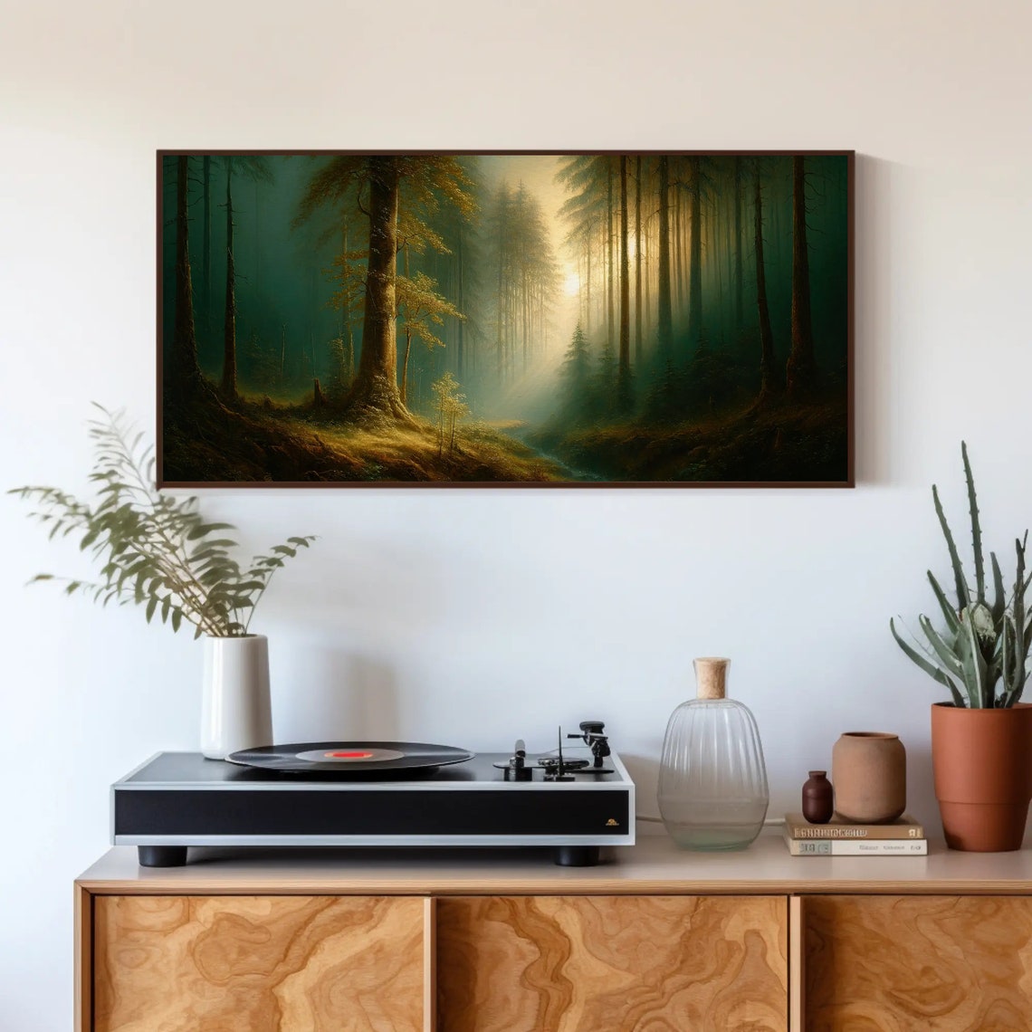 Misty Forest Stream With Sunbeam Tranquil Woods Painting Poster - Image 5