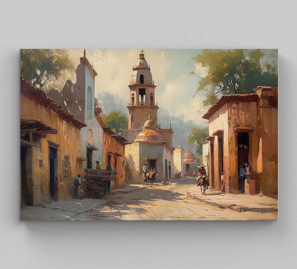 Mexican Old Town Landscape Art Print, Vibrant Decor