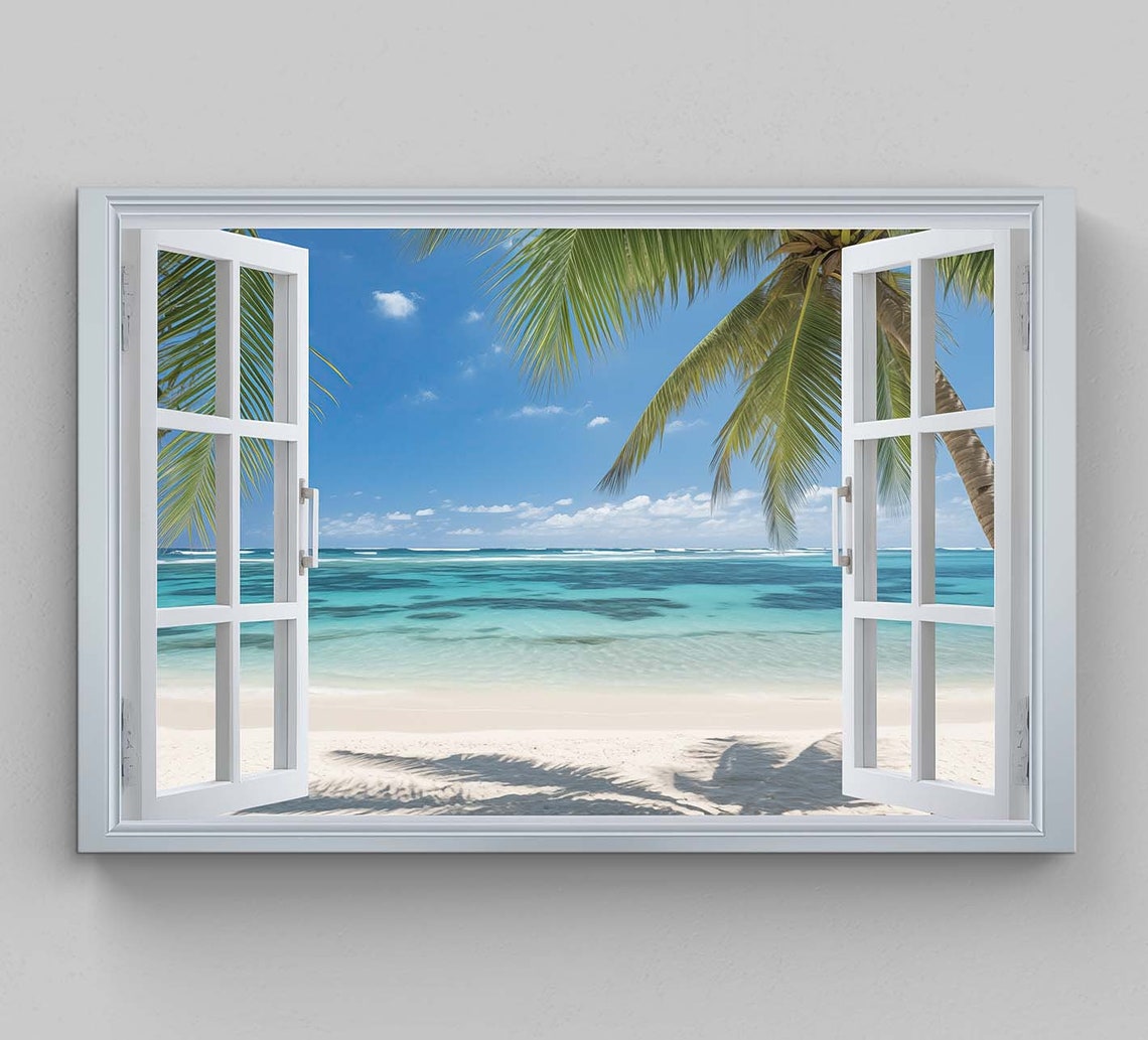 Caribbean Beach Palms Through Open White Window Tropical View Poster