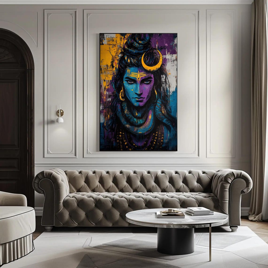 Lord Shiva Modern Portrait with Crescent Moon Blue Art Poster - Image 3
