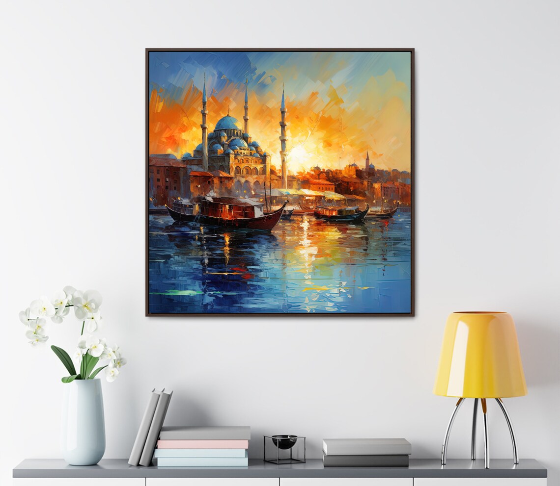 Istanbul Mosque Sunset Over Golden Water Boats Scene Art Poster - Image 4