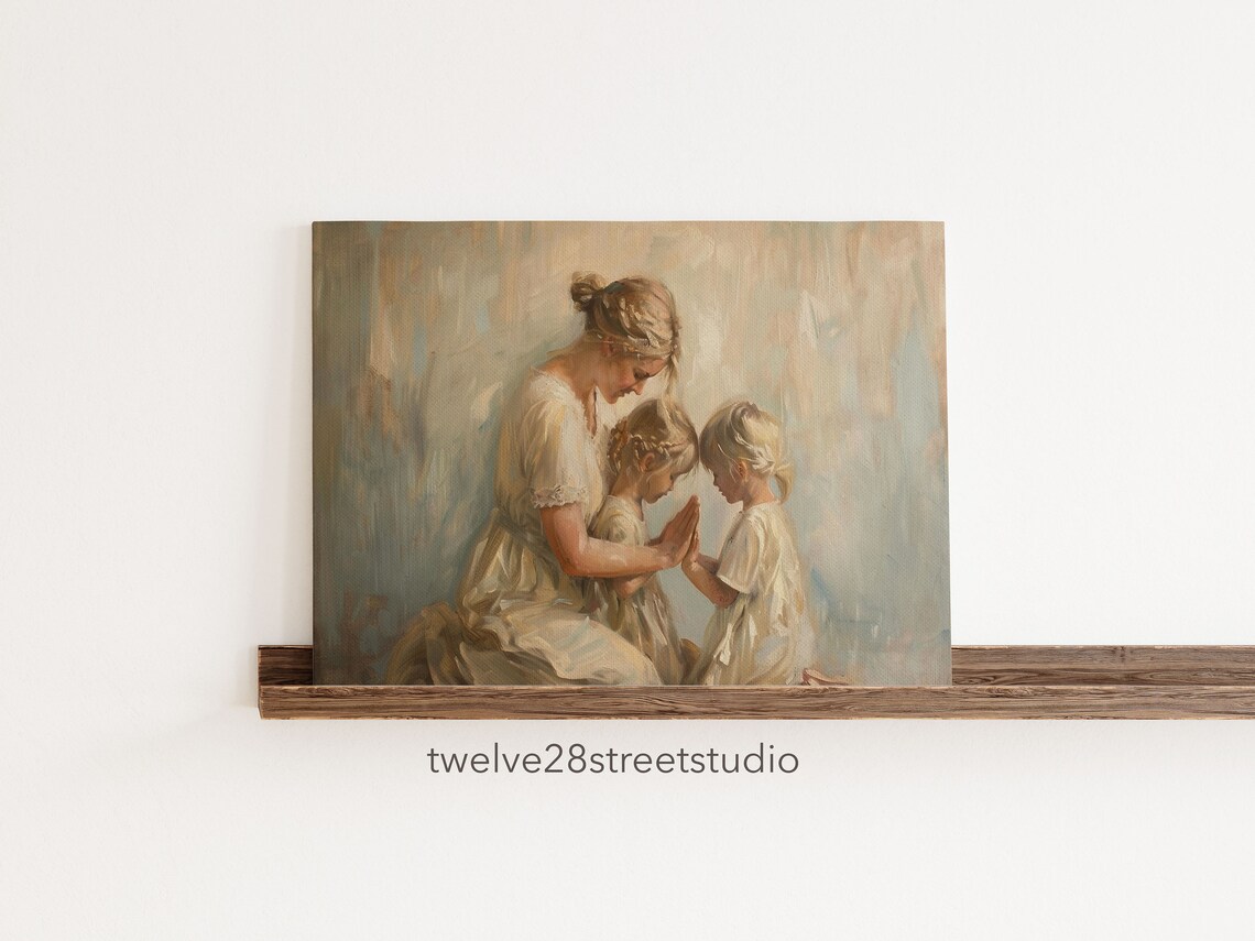 Mother Praying with Two Daughters White Dresses Tender Christian Art Poster - Image 2