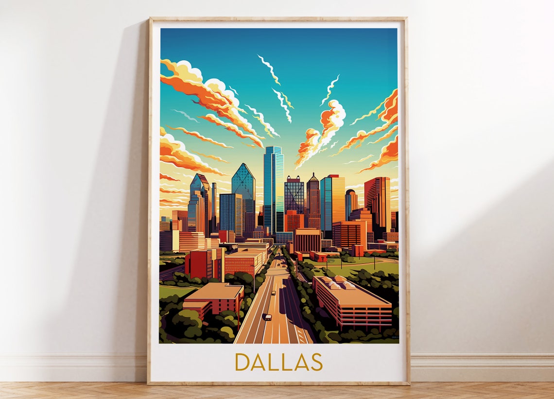 Dallas Texas Sunset Skyline Retro Clouds Illustration Travel Poster