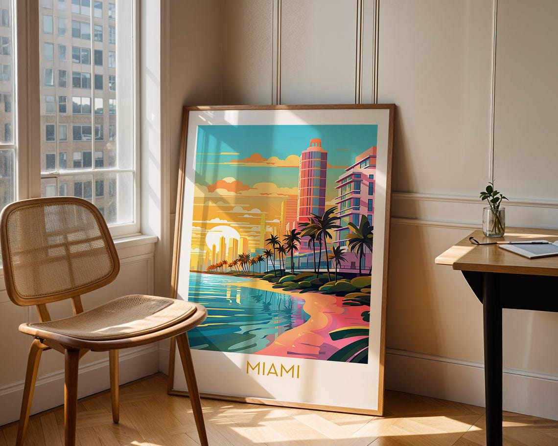 Miami Beach Sunset Art Deco Skyline Palm Trees Florida Travel Poster - Image 3