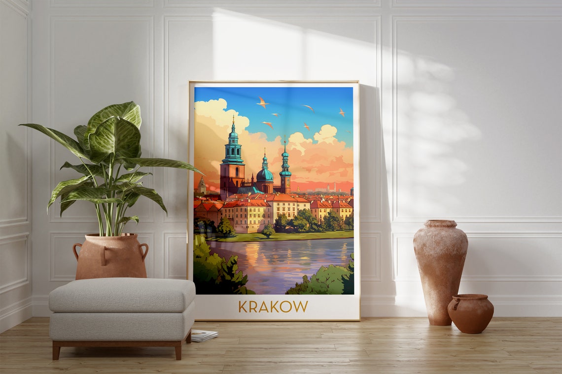 Krakow Old Town Church Towers Riverside Sunset Travel Poster - Image 2