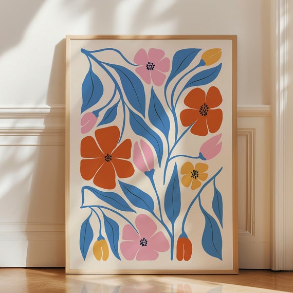Colourful Abstract Flower Print Modern Botanical Art Scandinavian Floral Wall Boho Living Room Decor