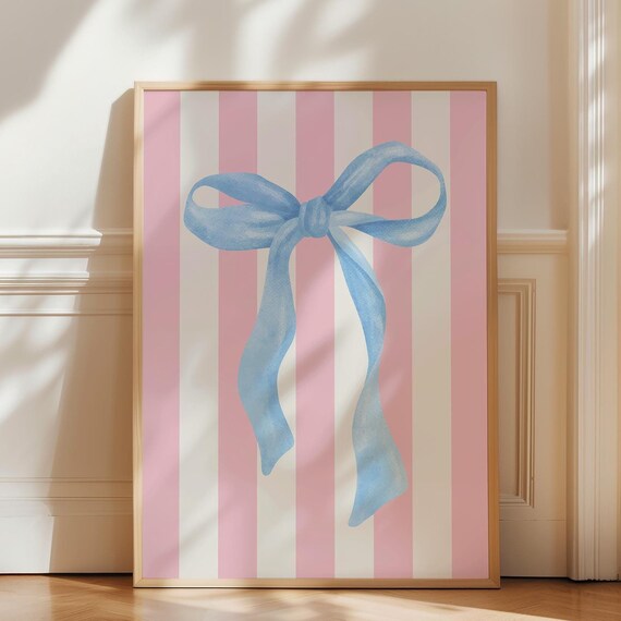 Blue Coquette Bow Art Print Girly Wall Nursery Watercolour Preppy