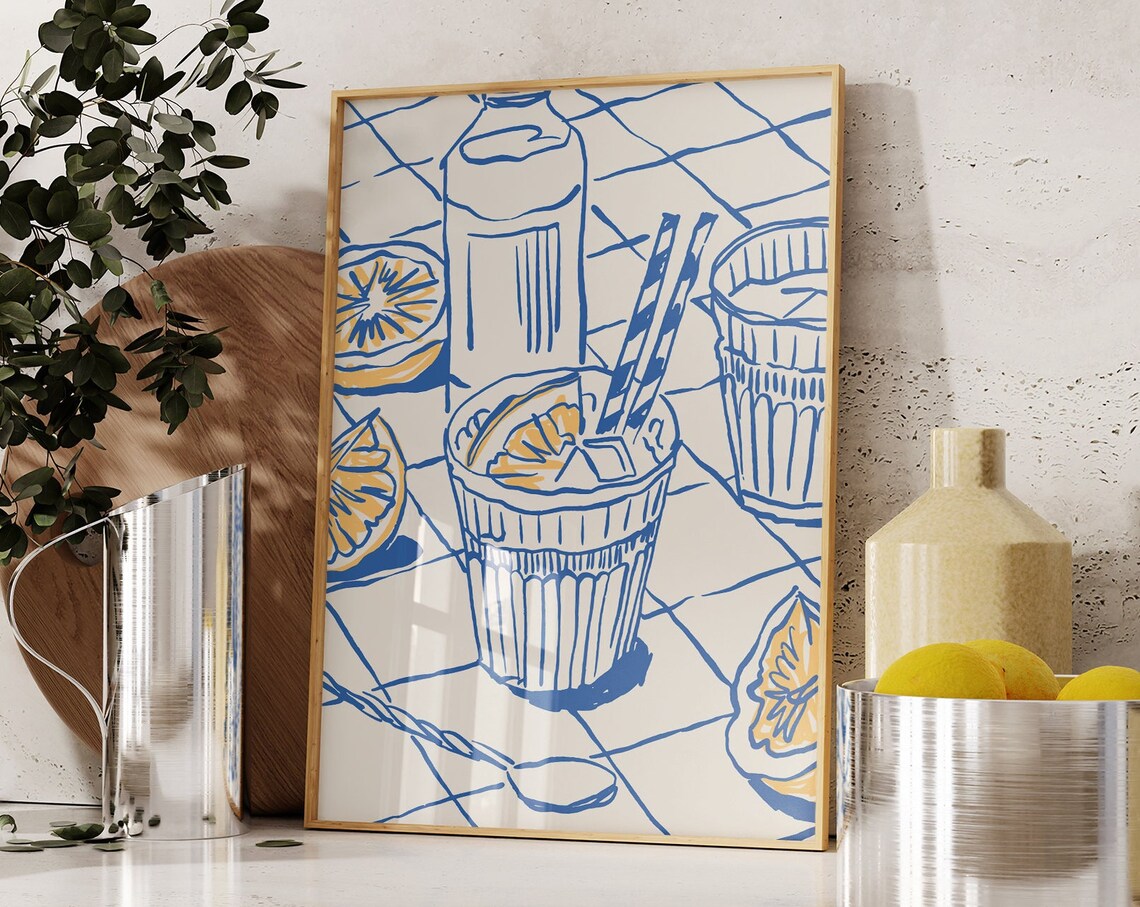 Hand Drawn Citrus Drinks Illustration Blue Line Art Bar Cart Poster