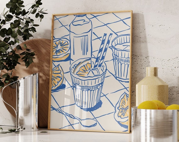 Hand Drawn Drink Print Drinks Illustration Kitchen Wall Art Bar Cart Decor Downloads Trendy Drink Art Print Blue Wall Decor