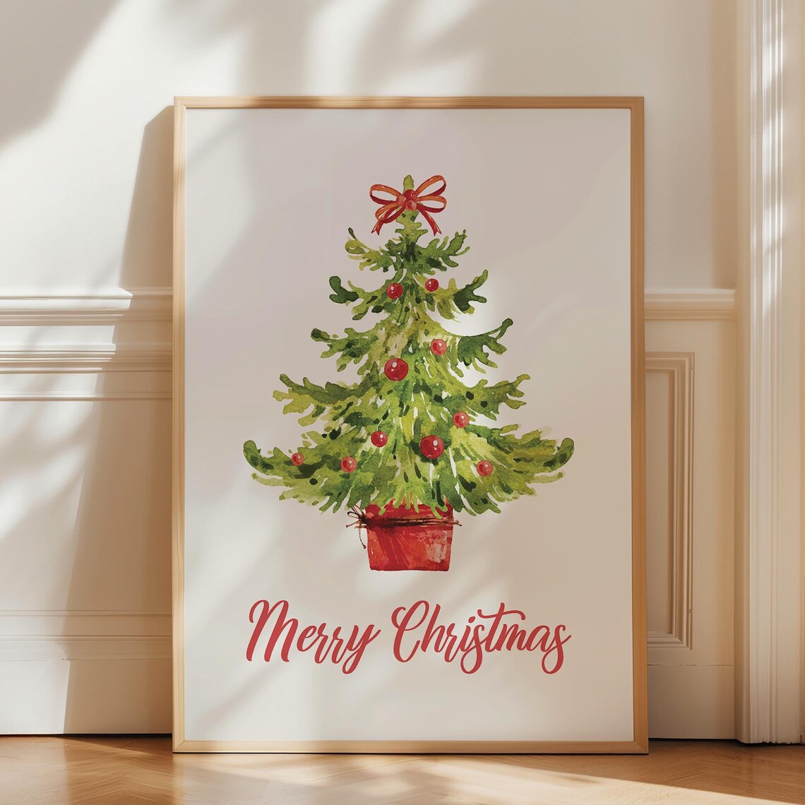 Merry Christmas Watercolor Christmas Tree Red Bow Holiday Wall Poster