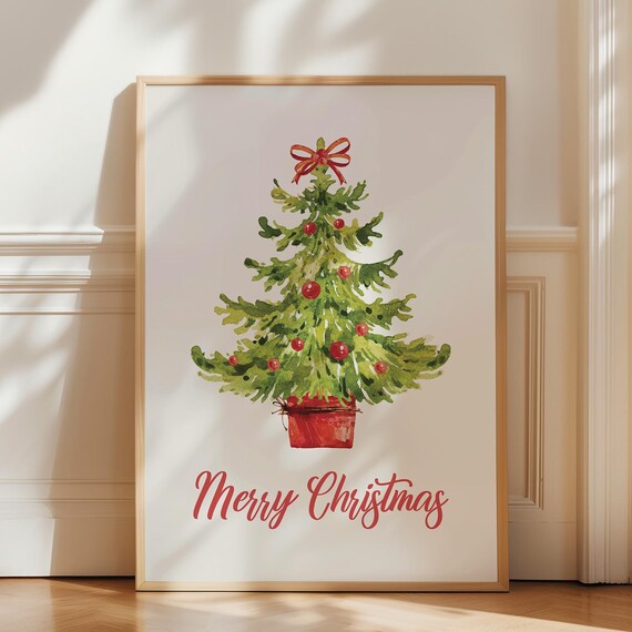 Merry Christmas Watercolor Christmas Tree Red Bow Holiday Wall Poster