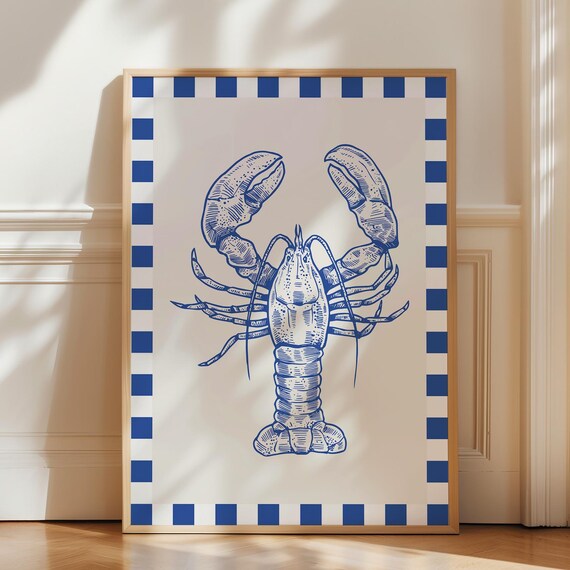Lobster Print In Blue Kitchen Poster Seafood Coastal Wall Art Dining Room Decor