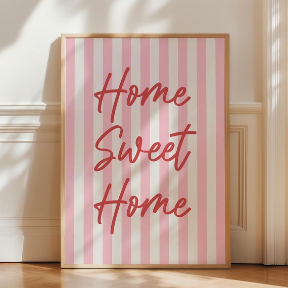 Home Sweet Print Red Pink Hand Drawn Poster Cute Bedroom Dorm Decor Daily Reminders Trendy Hallway