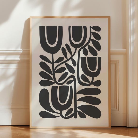 Floral Wall Print Black Botanical Poster Scandinavian Art Beige Boho Flower