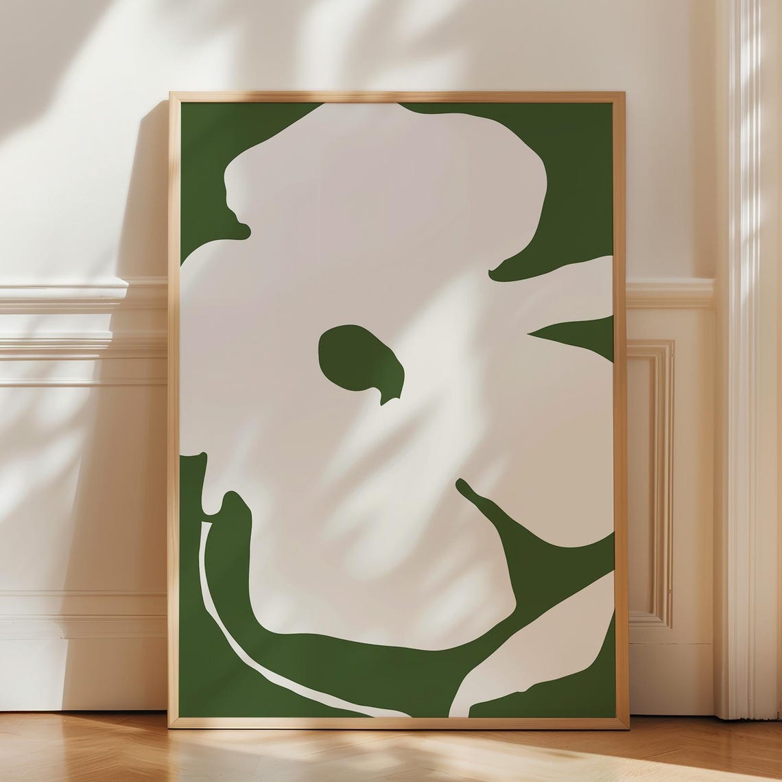 Big Flower Print In Dark Green Abstract Botanical Wall Art Mid Century Modern Apartment Decor Floral
