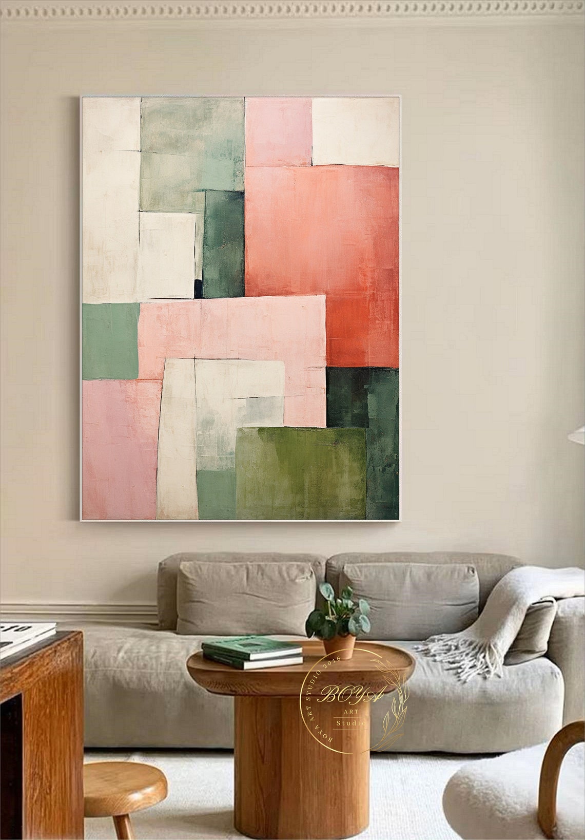 Original Pink Abstract Painting Green Painting Geometric Abstract Art Minimalist Wall Art Beige Oil Painting Large Abstract Painting - Image 5