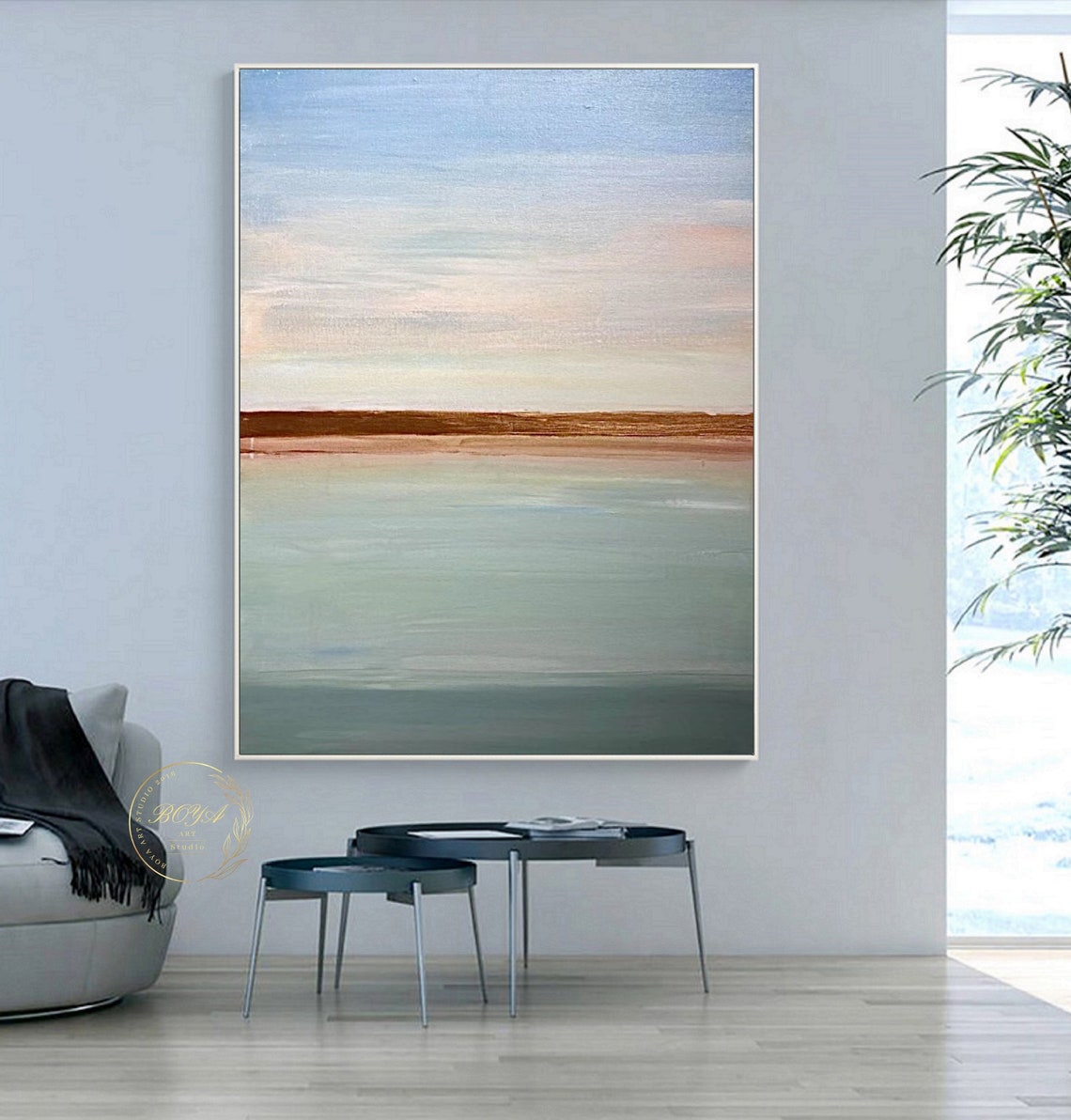 Minimal Pastel Horizon Seascape with Copper Band Artwork Poster - Image 4