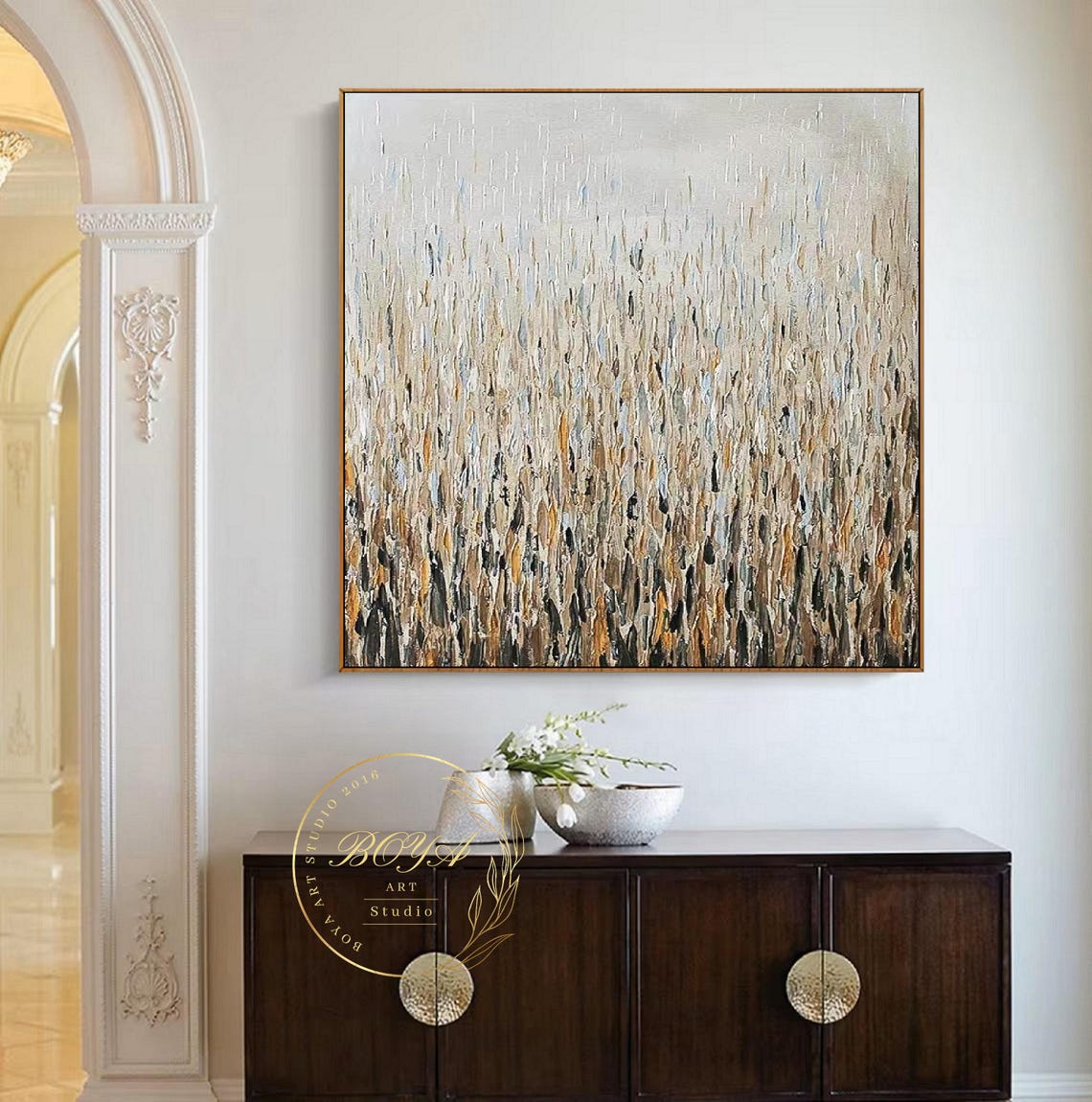 Golden Beige Vertical Texture Abstract Wheat Field Artwork Wall Art - Image 3