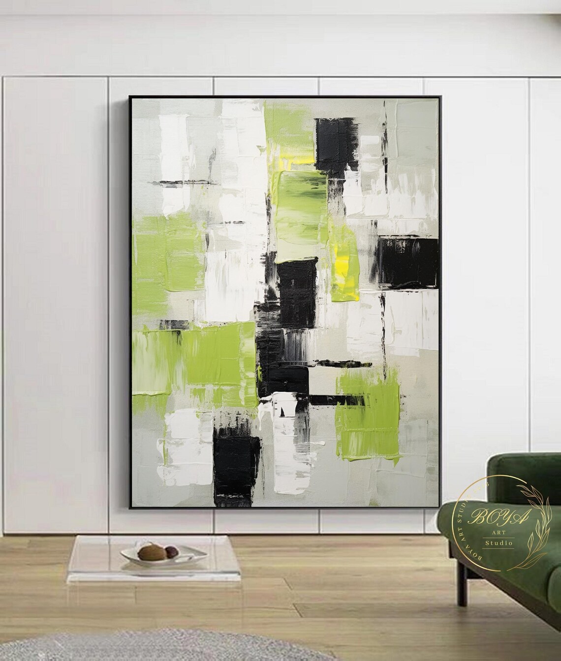 Lime Green Abstract Painting Large Green Minimalism Wall Art Black White Wall Painting Original Green Art Black White Textured Art - Image 4